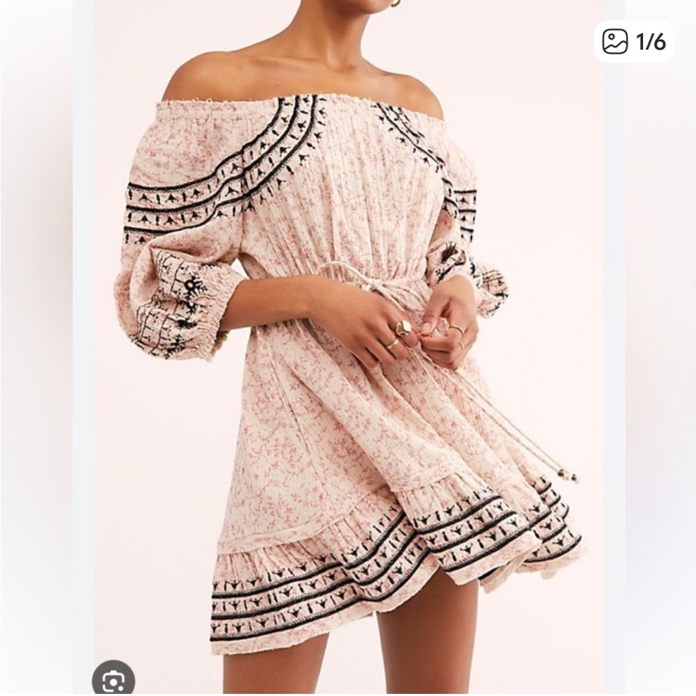Free people swing into spring cotton mini dress beige red black small